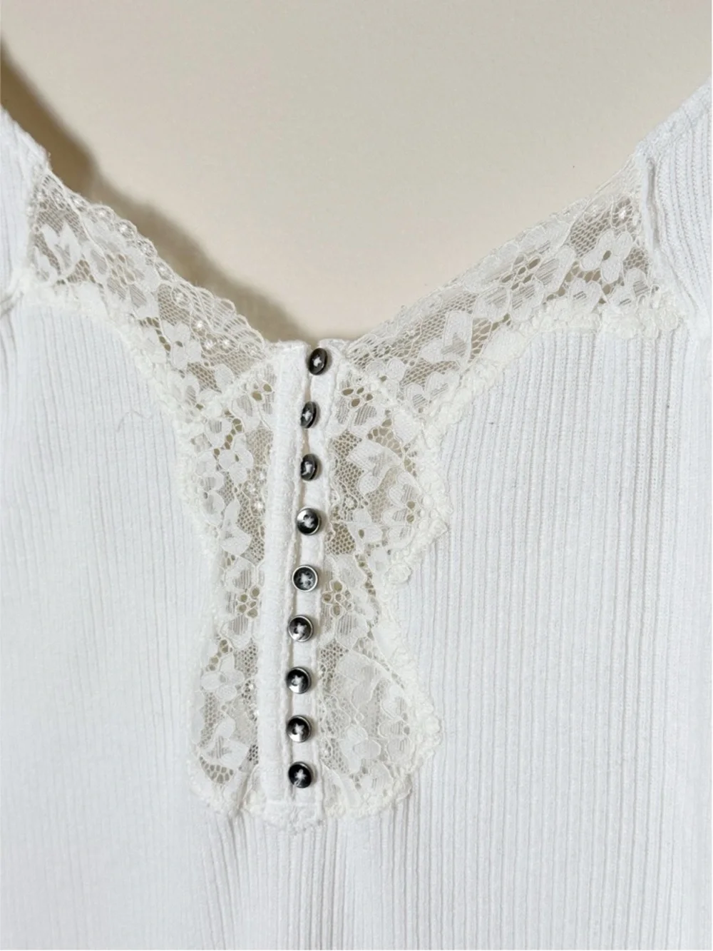 Free People To The West Ribbed Lace Trim Ribbed Button Up Long Sleeve Shirt L